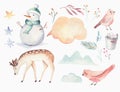 Watercolor Merry Christmas illustration with snowman, holiday cute animals deer, rabbit. Christmas celebration cards Royalty Free Stock Photo