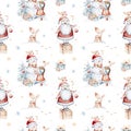 Watercolor Merry Christmas seamless pattern snowman, christmas tree, santa holiday invitation. Christmas gift