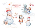 Watercolor Merry Christmas illustration with snowman, christmas tree, santa holiday invitation. Christmas gift