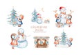 Watercolor Merry Christmas illustration with snowman, christmas tree, santa holiday invitation. Christmas gift