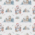 Watercolor Merry Christmas seamless pattern snowman, christmas tree, santa holiday invitation. Christmas gift