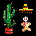 Watercolor Merry Christmas objects pattern. Mexican new year. Dia de los Muertos. Hand drawn seamless texture
