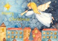 Merry Christmas Postcard with watercolor hand painted angel and trumpet in the city