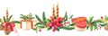 Watercolor Merry Christmas seamless border.Banner with Red poinsettia flower,Holly,leaves,berries,pine,spruce,green,candle,gift on Royalty Free Stock Photo