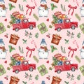 Watercolor merry Christmas seamless pattern with cute cartoon snowman and rev vintage car with present, on pink background Royalty Free Stock Photo