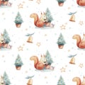 Watercolor Merry Christmas seamless patterns with christmas tree and squirrel, holiday cute baby animals. Christmas tree