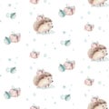 Watercolor Merry Christmas seamless patterns with christmas tree, holiday cute baby hedgehog animals. Christmas tree Royalty Free Stock Photo
