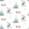 Watercolor Merry Christmas seamless patterns with christmas tree and rat, holiday cute baby mouse animals. Christmas