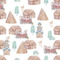 Watercolor Merry Christmas seamless patterns with christmas tree and rat and house, holiday cute baby mouse animals. Christmas