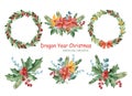 Watercolor Merry Christmas set.Collection with pre-made winter bouquets and wreaths