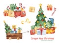 Watercolor Merry Christmas set.Collection with pre-made winter compositions,candy,ribbon and gift boxes Royalty Free Stock Photo