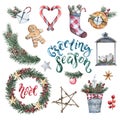 Watercolor Merry Christmas set of traditional decor and elements. Royalty Free Stock Photo