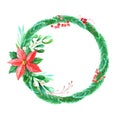 Watercolor Merry Christmas wreath with Red poinsettia flowers,Holly,leaves,berries,pine,spruce Royalty Free Stock Photo