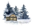 Watercolor Mery Christmas card with winter forest and house. Hand painted foggy fir trees illustration isolated on white Royalty Free Stock Photo