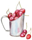 Watercolor metal mug with reflections full of red cherries Royalty Free Stock Photo