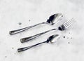Watercolor metal spoons and fork. Hand drawn realistic illustration with light grey background and three items. Print