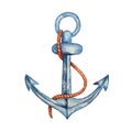 Watercolor metallic blue nautical anchor