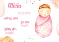 Watercolor metric card with cute newborn baby girl pink