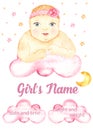 Watercolor metric card with cute newborn baby girl pink on a cloud