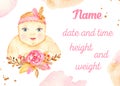 Watercolor metric card with cute newborn pink girl with flowers