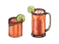 Watercolor mexican cocktail Michelada with lime, beer and ice in glass. Hand-drawn illustration isolated on white