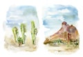 Watercolor mexican landscapes set. Hand painted card with desert cactus, sky, clouds and mountain. Botanical