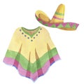 Watercolor mexican poncho and sombrero. Hand-drawn illustrations for design fiesta cards, wrapping paper, scrapbooking