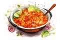 Watercolor Mexican red rice with vegetables and herbs on white background. Traditional Latin American, Mexican food, cuisine. AI