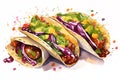 Watercolor Mexican tacos with meat and vegetables on white background. Traditional Latin American, Mexican food, cuisine. AI