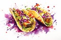 Watercolor Mexican tacos with meat and vegetables on white background. Traditional Latin American, Mexican food, cuisine. AI