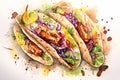 Watercolor Mexican tacos with meat and vegetables on white background. Traditional Latin American, Mexican food, cuisine. AI