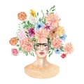 Watercolor Mexican woman with bright bouquets. Female figure with flowers. Frida Kahlo with a hear of flowers. Women illustration