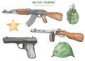 Watercolor military weapon, machine gun, machine gun, grenade, pistol, military helmet, military weapon, PPSh, Kalashnikov assault