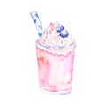 Watercolor milkshake illustration, isolated on white background. Milk cocktail in a glass with cream on top and blueberry.