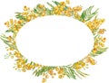 Watercolor mimosa wreath. Yellow spring floral frame. Hand-drawn illustration.