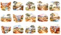 Watercolor miniatures set of desert landscapes isolated on white background. Paintings of rivers, mountains and canyons.