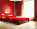 Watercolor of Minimal wooden bedroom in red and