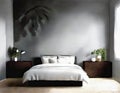 Watercolor of Minimalist dark bedroom with framed posters and paintings on wall