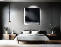 Watercolor of Minimalist dark bedroom with framed posters and paintings on wall