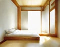 Watercolor of Minimalist Japanese bedroom with white and wood interior design for small