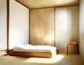 Watercolor of Minimalist Japanese bedroom with white and wood interior design for small