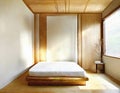 Watercolor of Minimalist Japanese bedroom with white and wood interior design for small