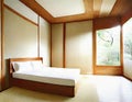 Watercolor of Minimalist Japanese bedroom with white and wood interior design for small