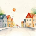 watercolor minimalist naive art of a family-friendly neighborhood, white background, light, happy family