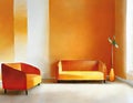 Watercolor of A minimalist orange living room featuring sleek designs and tidy