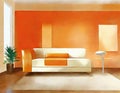 Watercolor of A minimalist orange living room featuring sleek designs and tidy