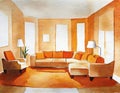 Watercolor of A minimalist orange living room featuring sleek designs and tidy