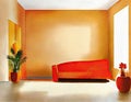 Watercolor of A minimalist orange living room featuring sleek designs and tidy