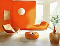 Watercolor of A minimalist orange living room featuring sleek designs and tidy