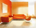 Watercolor of A minimalist orange living room featuring sleek designs and tidy